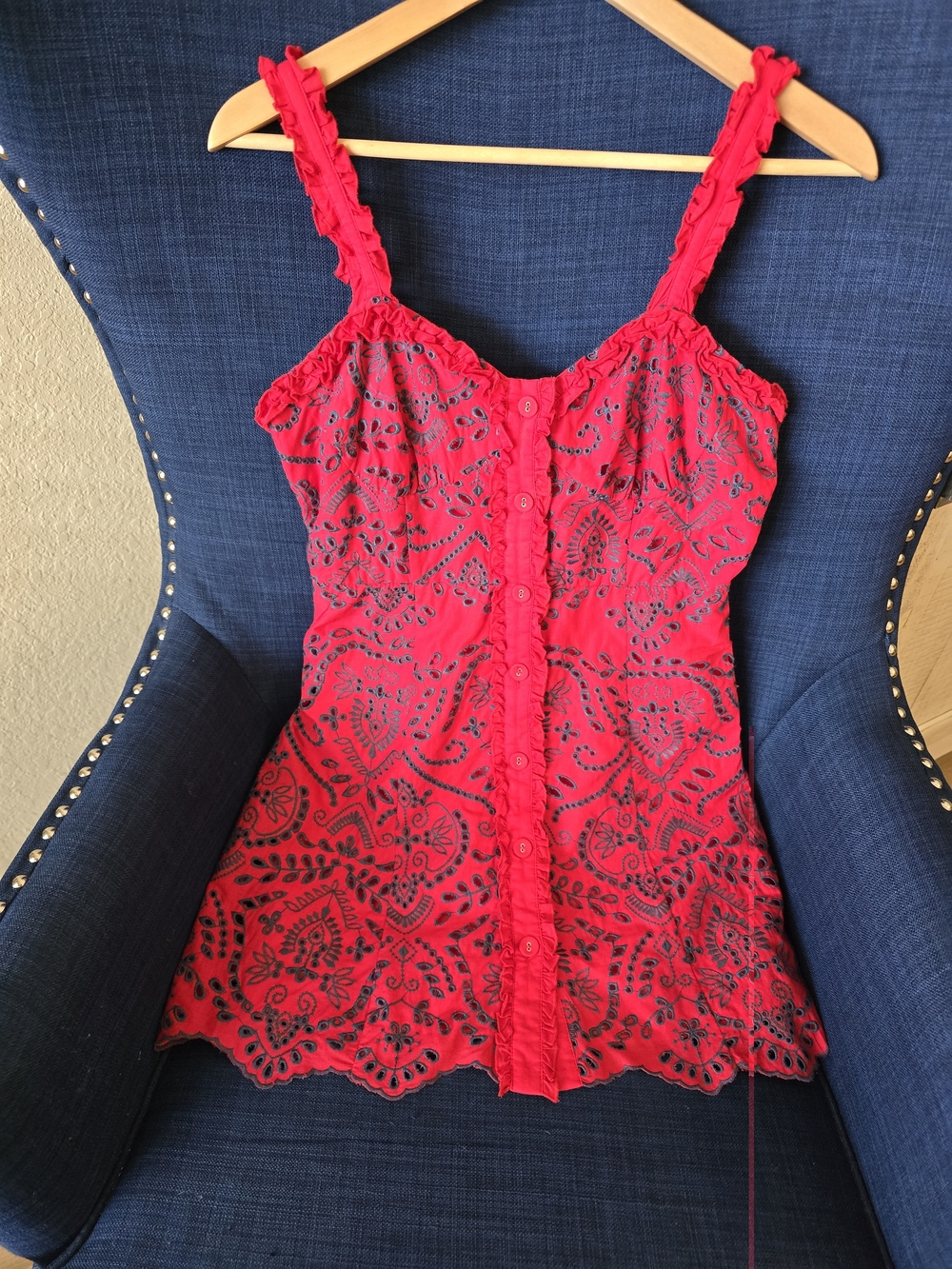 Forever 21 Red With Blue Embroidery Dress. 100% Embroidered Cotton